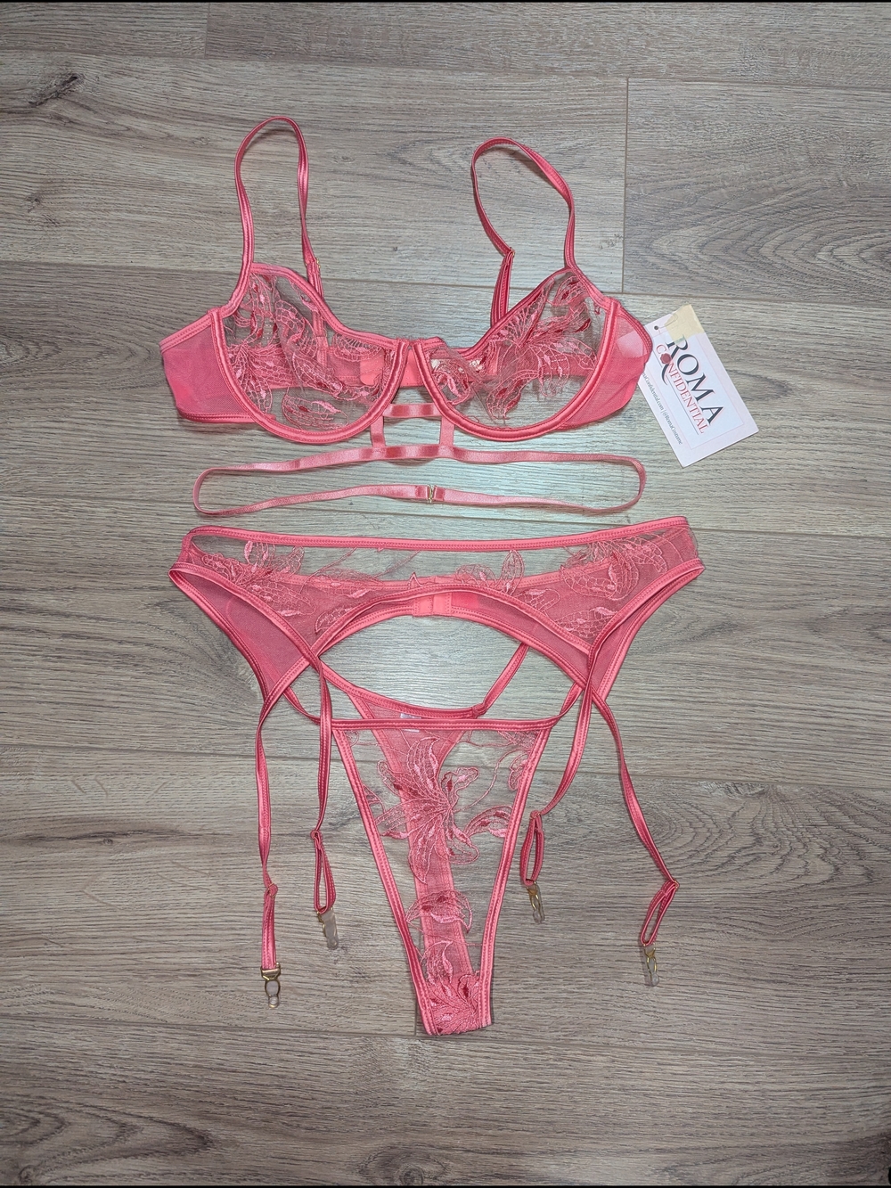 ROMA Coral Lace Bra, Panty & Garter Set